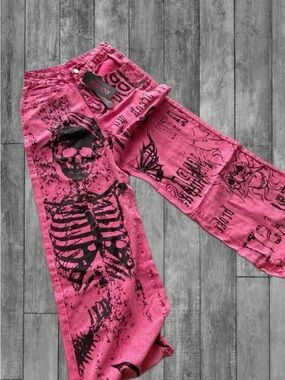Pink Graphic Skeleton Print Jeans